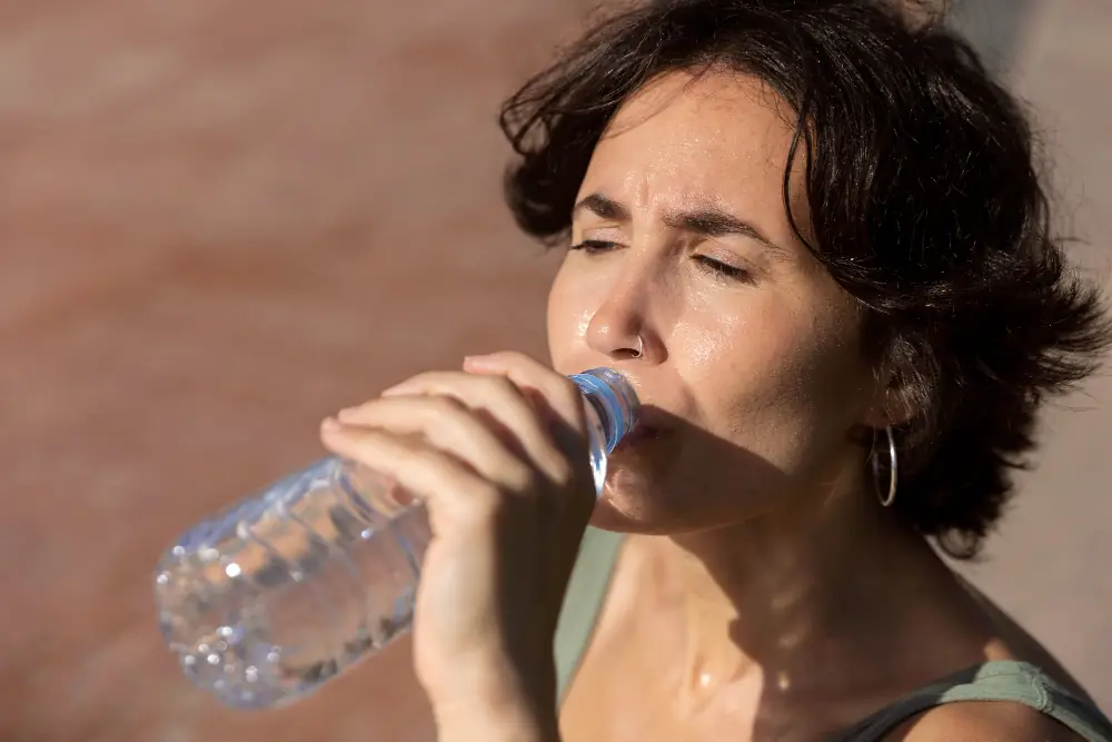 uma mulher desidratada bebendo água